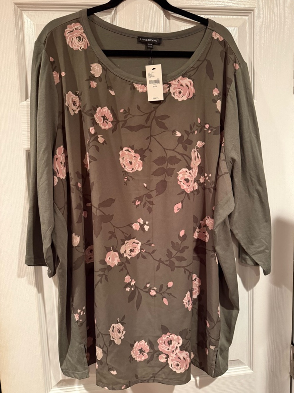 Lane Bryant Olive Floral Scoop Neck Tunic with Pink Roses